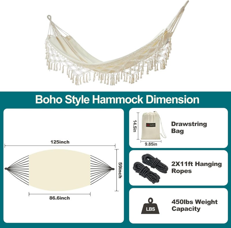 JoyView Boho Macrame Double Hammock with Hanging Ropes & Elegant Tassels 86.6x59 Portable Cotton Hammock for Patio Backyard Porch 450LBS Weight Capacity Perfect for Outdoor/Indoor - Beige Color - Image 3